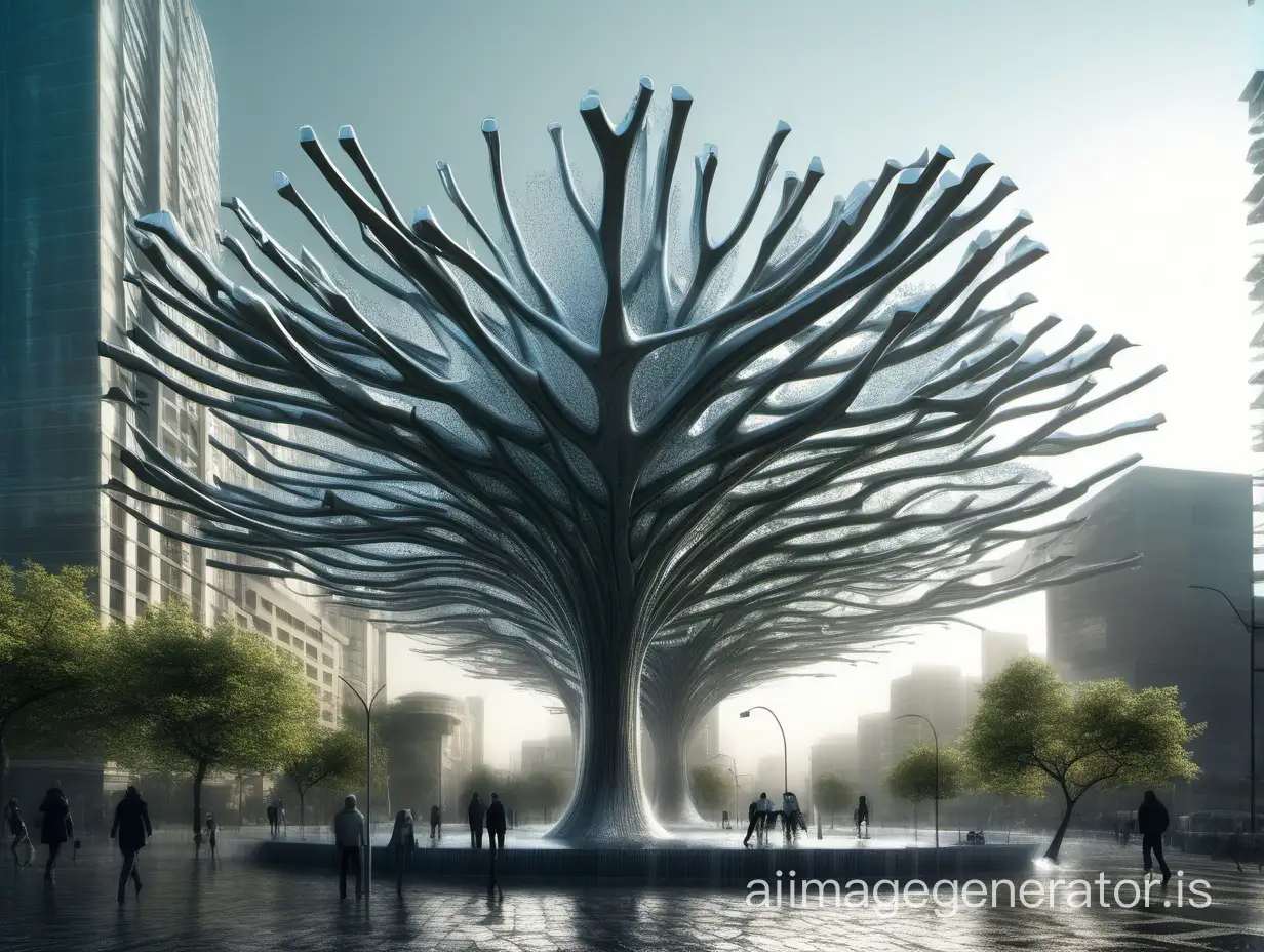 year 2050, one futuristic  parametric  designed tree like sculpture collecting water in city covered  while it rains, sunny day, wide angle, the whole structure of the tree can be seen