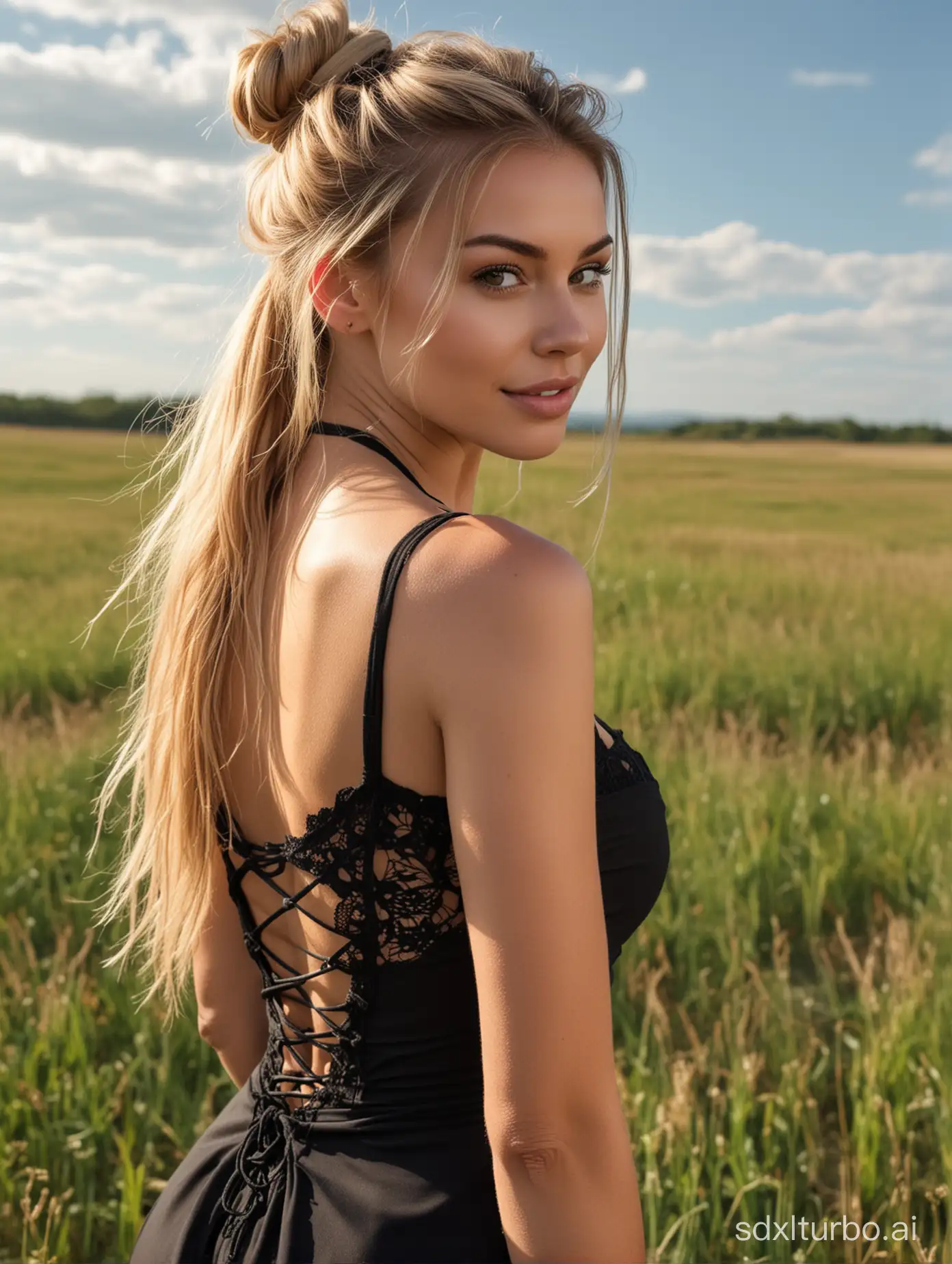 A stunning sexy super model woman with rosy skin stands in a field, her long blonde hair tied as messy bun. She wears a black bodycon dress with a lace-up back, accentuating her curves, big breasts and a big ass. With a natural smile and a gaze over her shoulder, she exudes confidence and sensuality. Brunette model