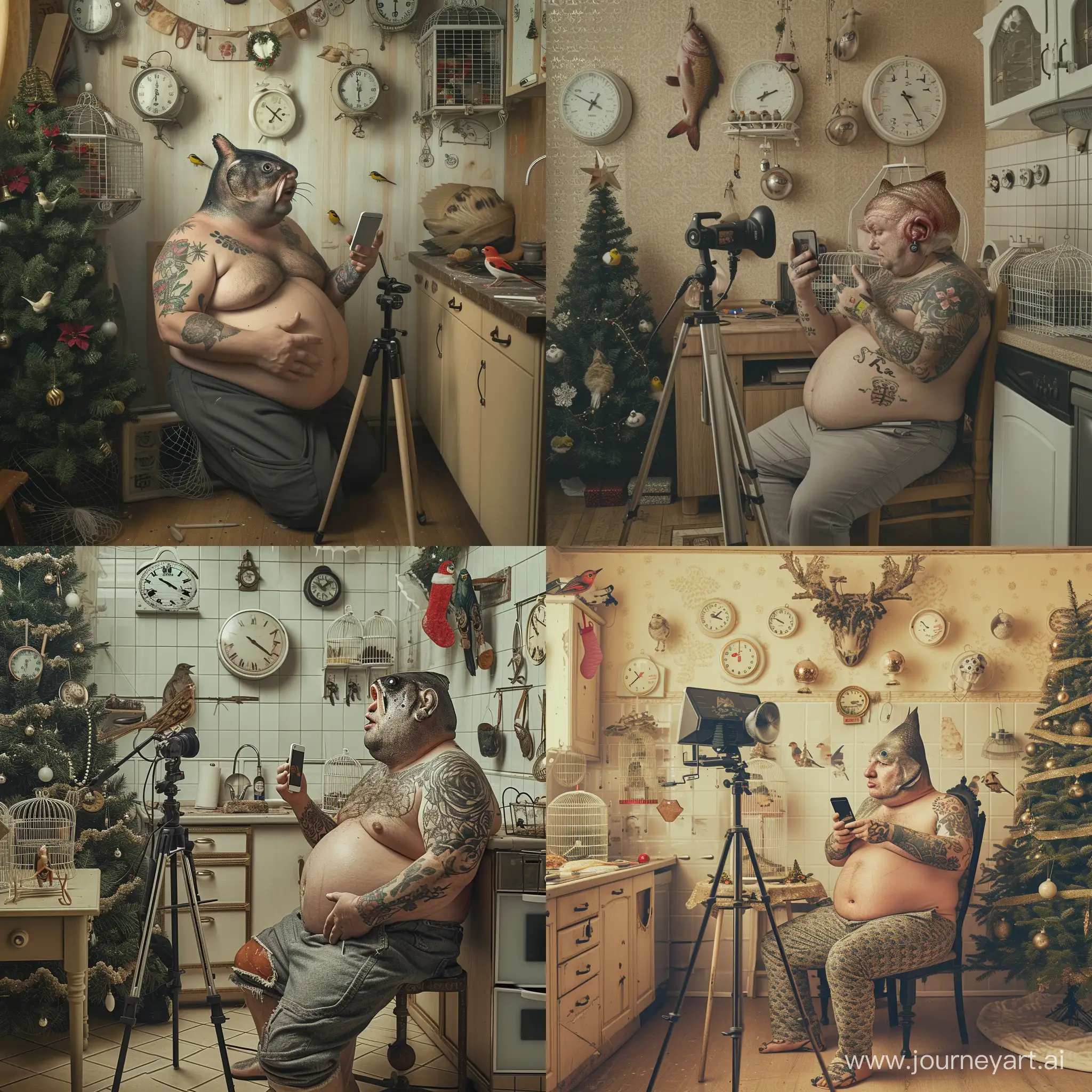 Quirky-Man-with-Catfish-Head-in-Kitchen-Chatting-with-iPhone