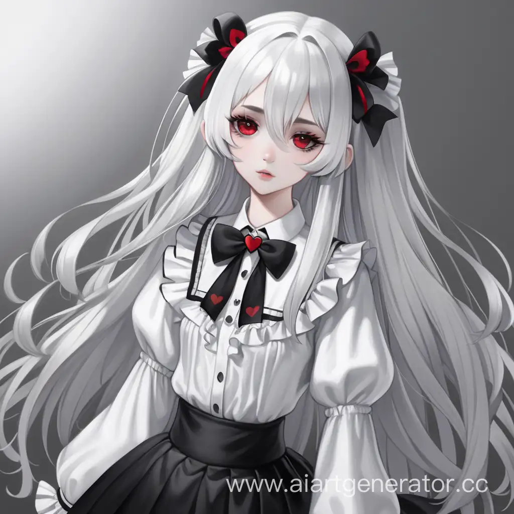 1girl, tall, long white hair, black bow, pale skin, white eyebrows, white eyelashes, red eyes, heart-shaped pupil, ruffled shirt, black and white skirt,she is an adult and stately woman