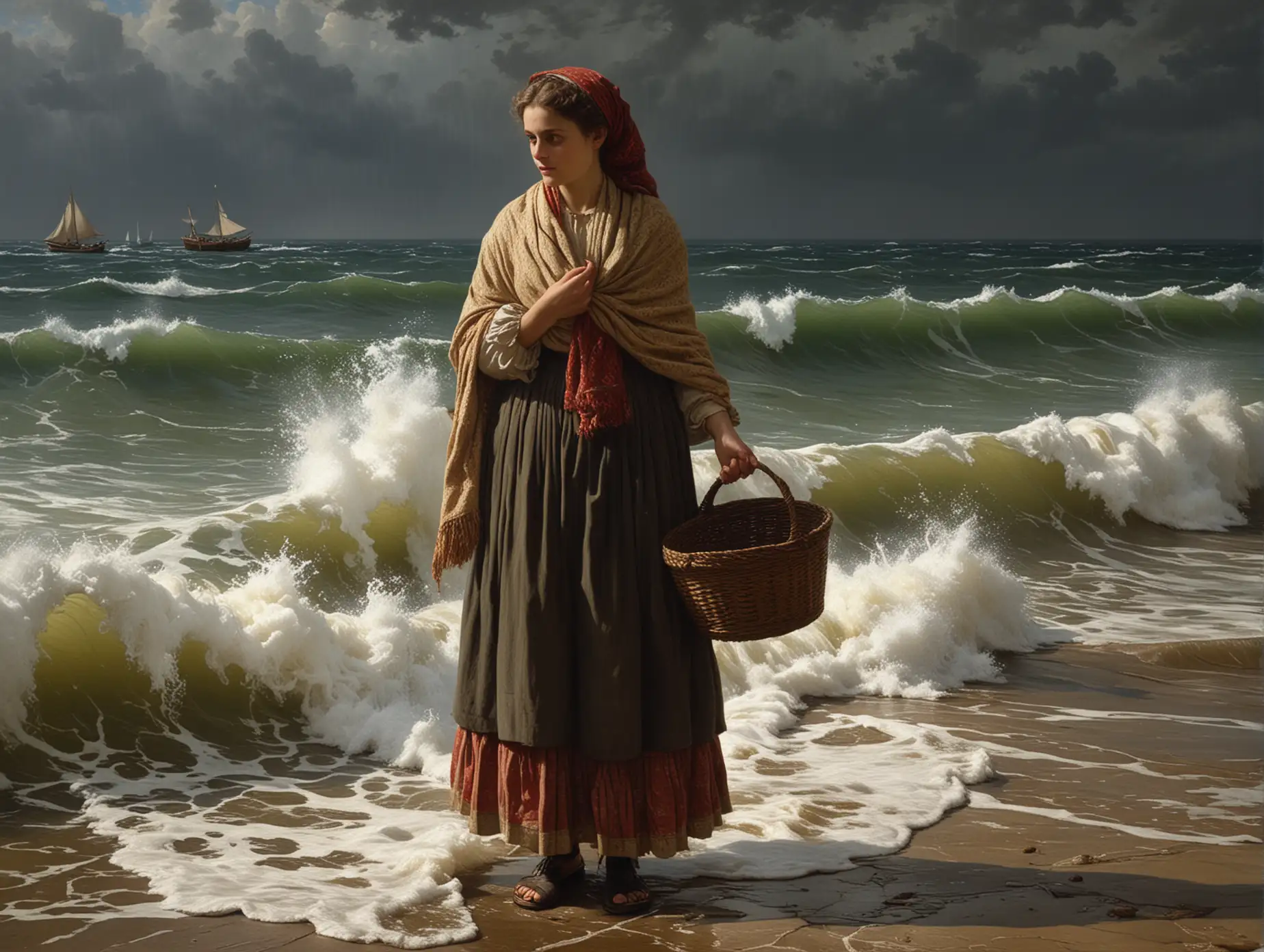 Dramatic Portrait of a Young Woman Amidst Stormy Seas