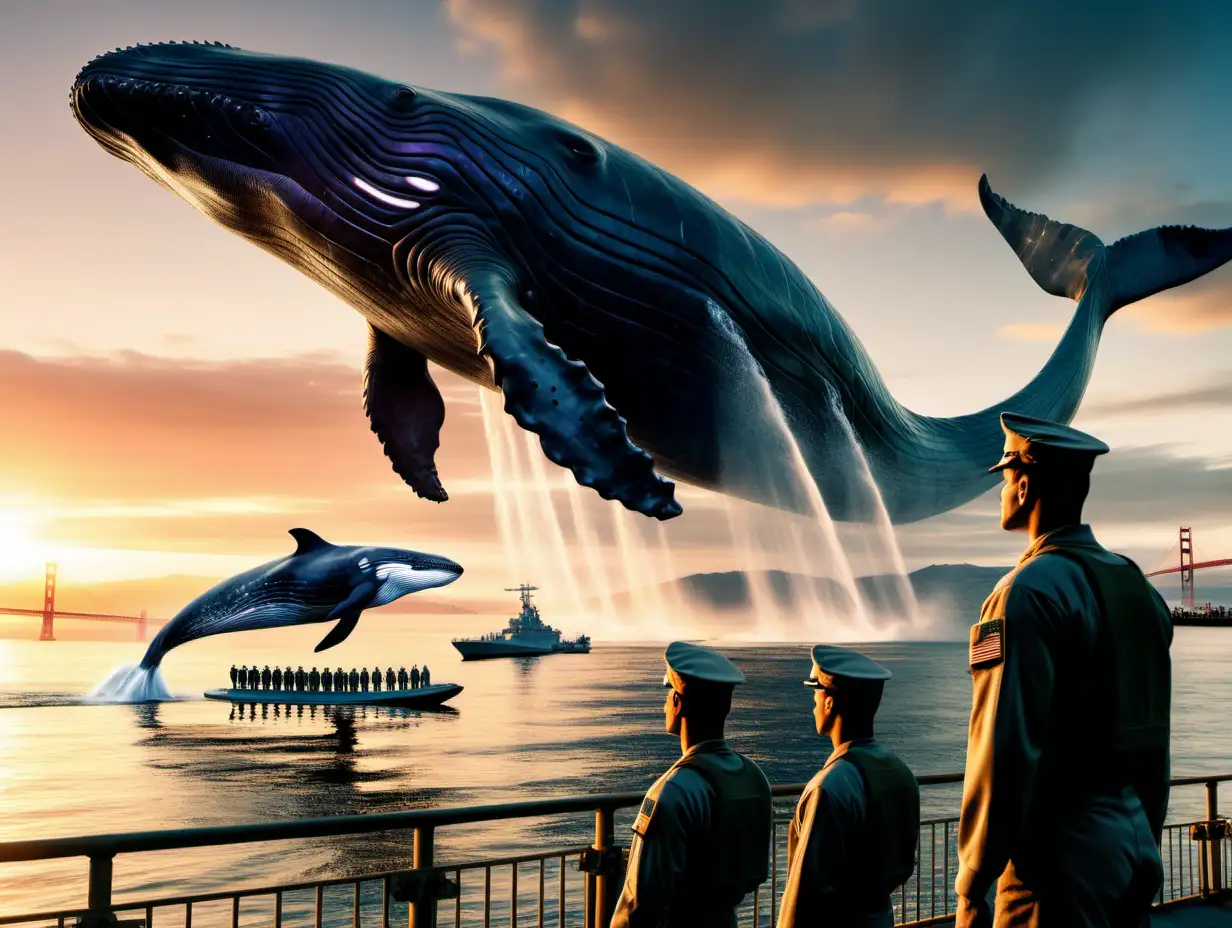 U.S. Army soldiers standing on the San Francisco Bay docks watching giant whales jumping out of the water at sunrise and Starship Enterprise flying above