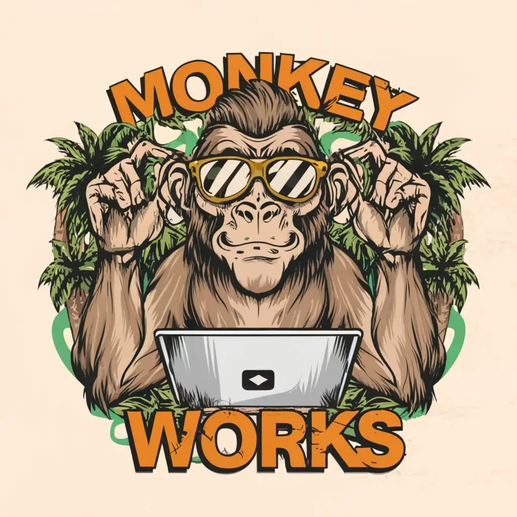 logo, graphic design monkey with glasses on and a laptop, with the text "Monkey Works", typography