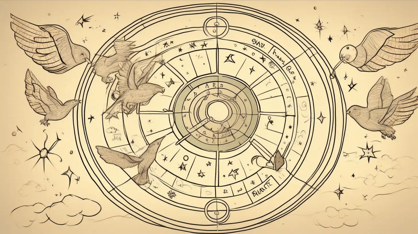 Draw An astrological wheel with   
pacifier flying around it. Loose lines. Muted color, add a label write on text
