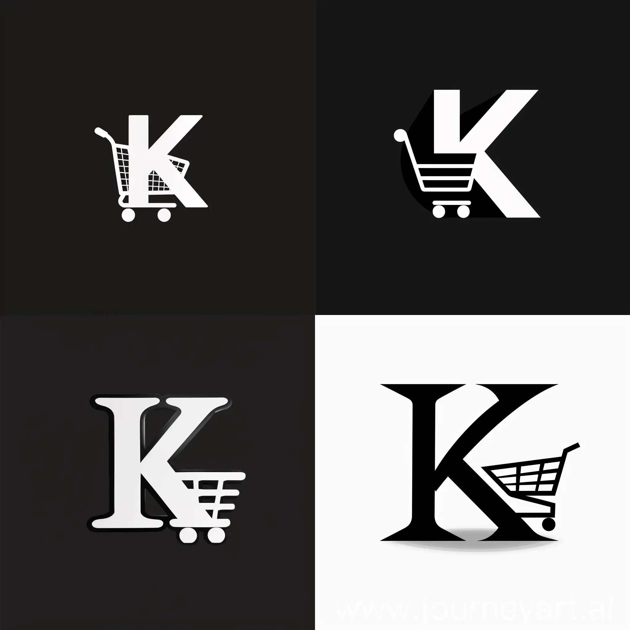 a logo with the letter K and a shopping cart in black and white using negative space