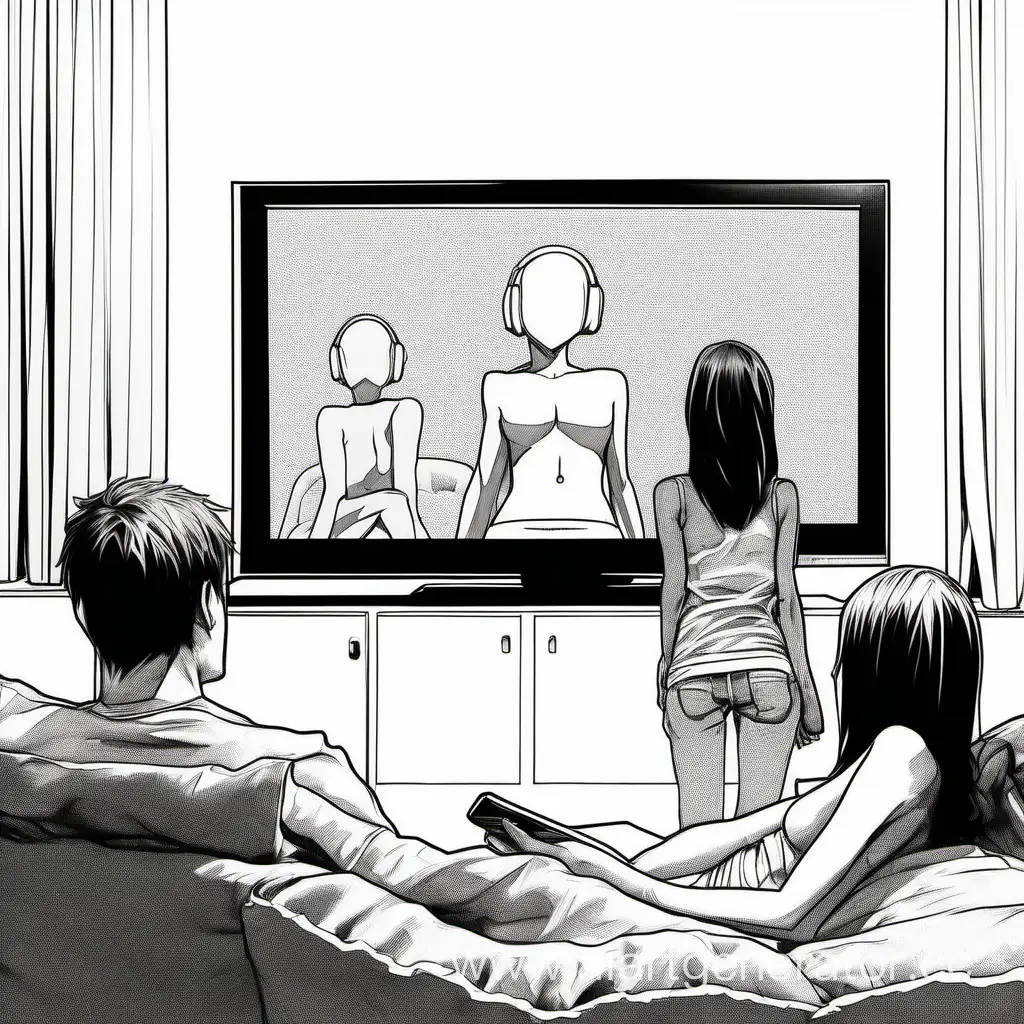 This is a reference for drawing in manga style, with realistic proportions. It shows a guy and a girl watching a movie on a plasma TV. The figure shows only the outline of the figure. There are no clothes, no hair, no eyes in the drawing, just blanks in the form of a pose