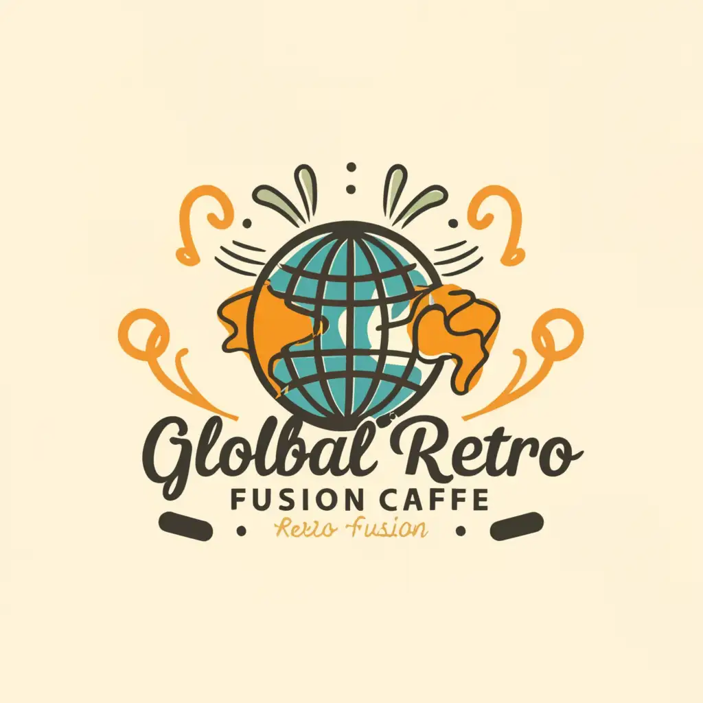 a logo design,with the text "Global Retro Fusion Cafe, ", main symbol:a stylized globe with retro elements or a retro-inspired icon that represents fusion, such as a stylized plate with global map contours or a globe with retro patterns.,Moderate,be used in Restaurant industry,clear background