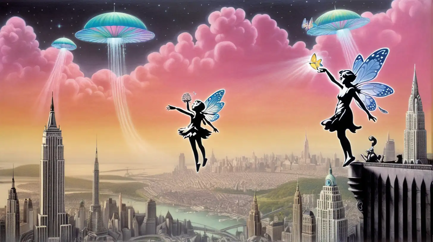 Concept Art, Psychedelic, Banksy, art deco city, fairy in the skies