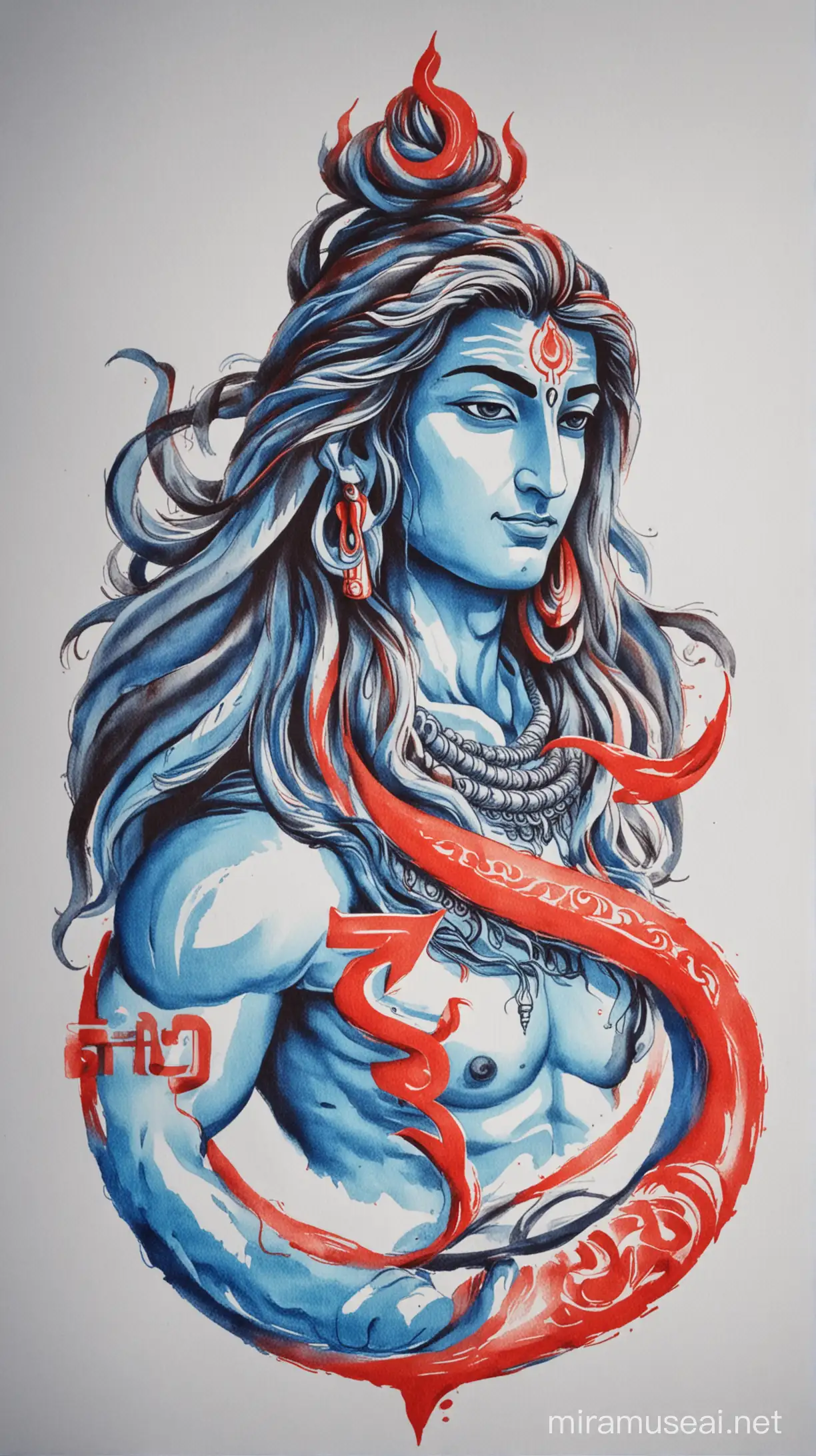 Lord Shiva Line Art Sacred Symbol with Vibrant Blue and Red Tones