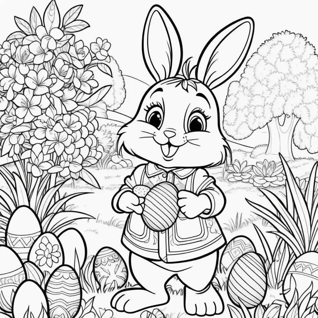 colouring book cartoon image cute excited eastern bunny is wearing cute outfit and is hiding lots of chhocolate eggs in a beautiful garden