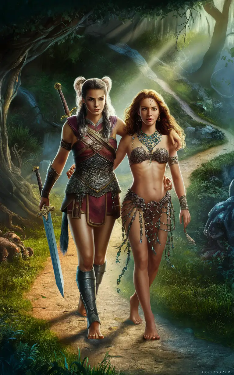 Xena with blond Gabrielle naked, jewelry, walking along the trail in a magical forest