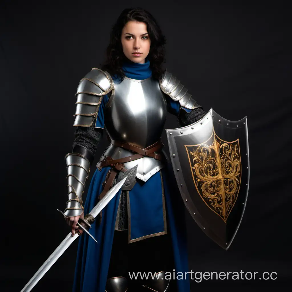 medieval woman dark hair medium armor rapier and shield