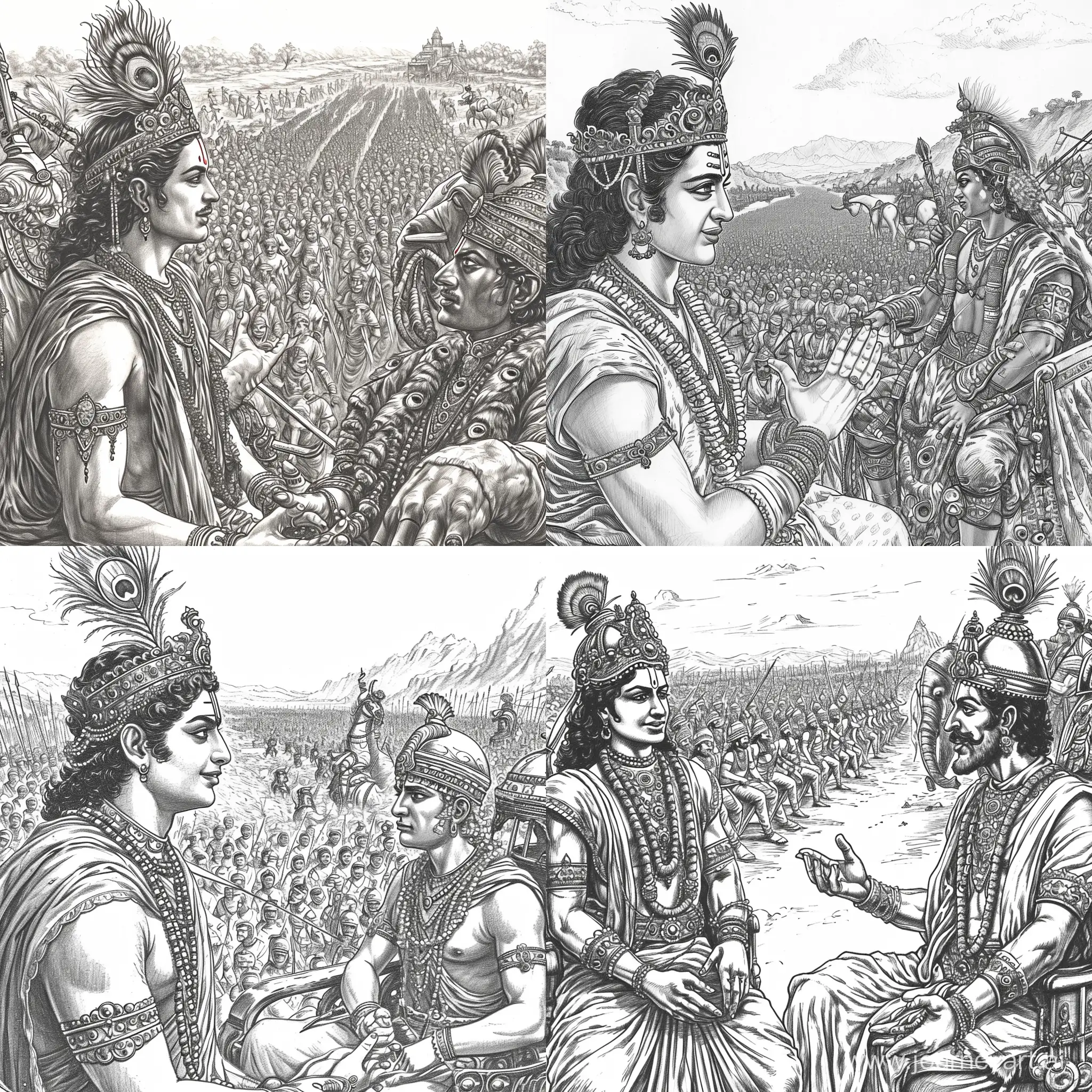Manga Style sketch Black and White Image of Krishna ( A Character from Epic Mahabharata) Talking to Arjuna (Who's sitting in Chariot ) wearing Crown and Jewelleries of gold with Peacock Feather in Head between batterfield of kurukshetra where there are millions of soldiers are there with many warrior kings in the front and a Leader King Sitting on Elephant in Royal Warrior look in the right side of the battlefield while Krishna and Arjuna are in the left side of the battlefield with their army of millions of soldier. Image must be hand drawn with lots of detail looking like a manga art