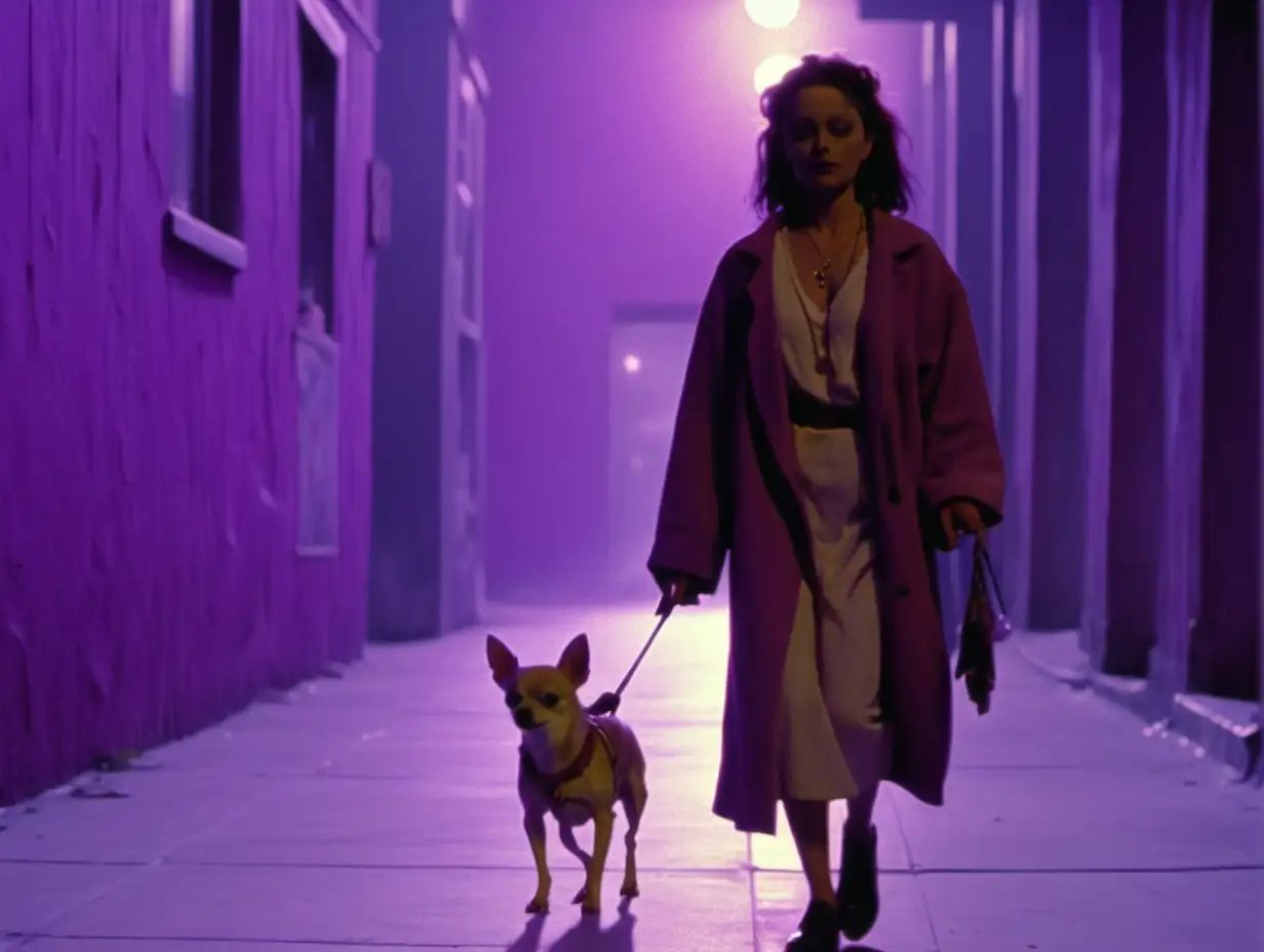 footage from a 1995 sci-fi film, bohemian city, purple lit, woman walking with chihuahua