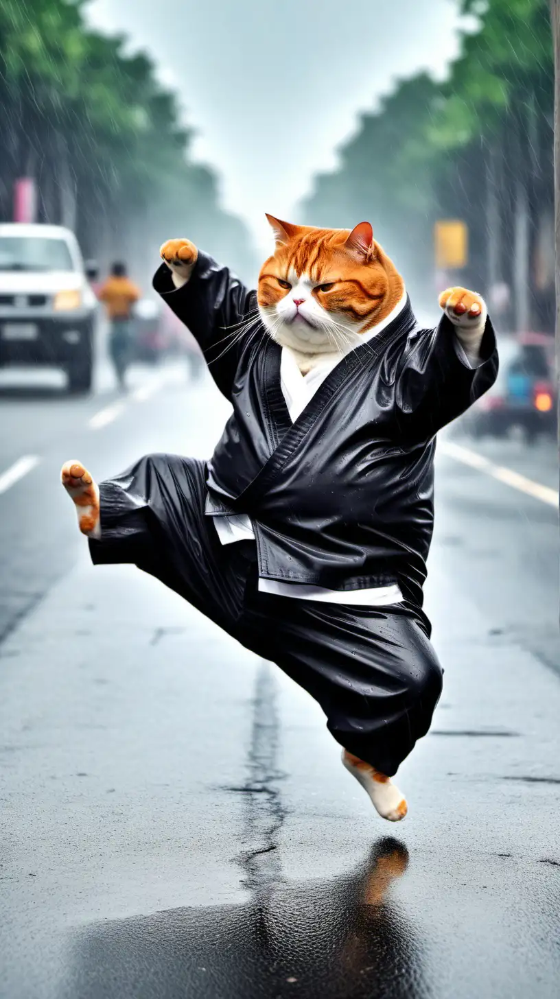 Fat cat. Black Jacket. is playing karate. in the middle of the road. seen by many people. funny. When it rains