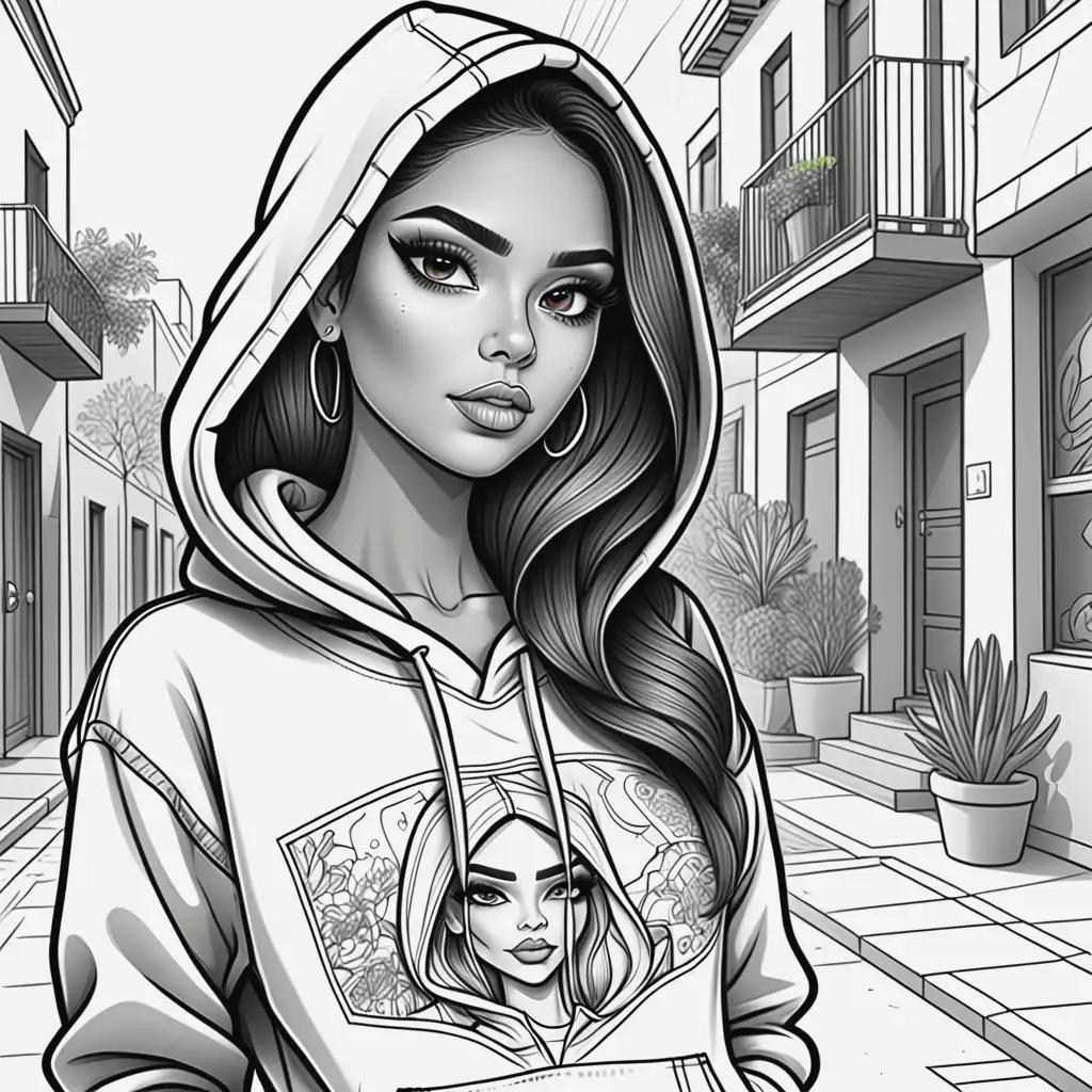 adult coloring book, black and white, cartoon style, dark-lined, no shading, high details. mexican fashion model with perfect makeup wearing jeans and a hoodie in an urban setting