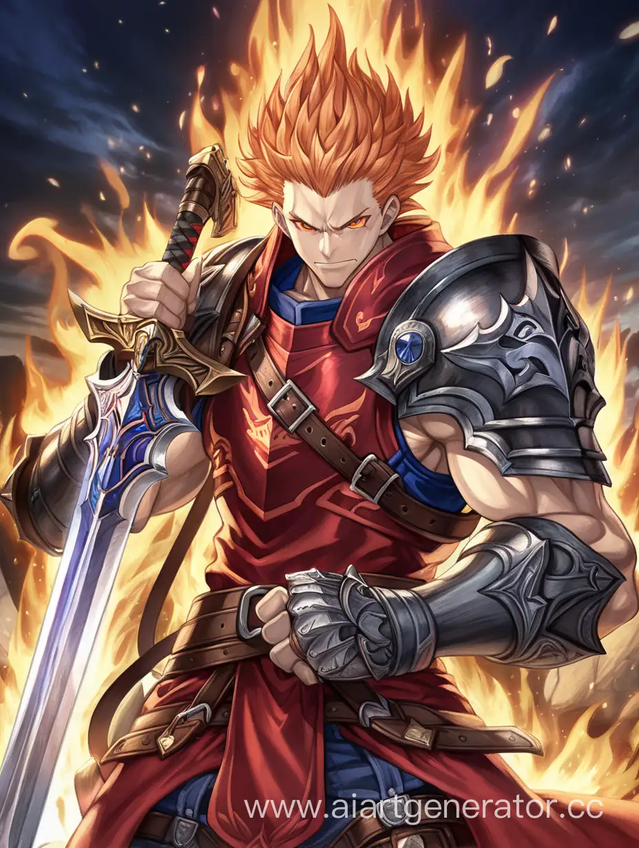 flaming hair, giant wide greatsword in hand, heavy red full plate armor of gilgamesh, orange eyes, smug smirk, fire aura, smug grin, muscular, tall, man, slicked back medium hair, single character holding one greatsword, berserk, percival from granblue fantasy, greatsword resting on shoulder, gilgamesh from fate stay night, bold linework, illustration, buster sword