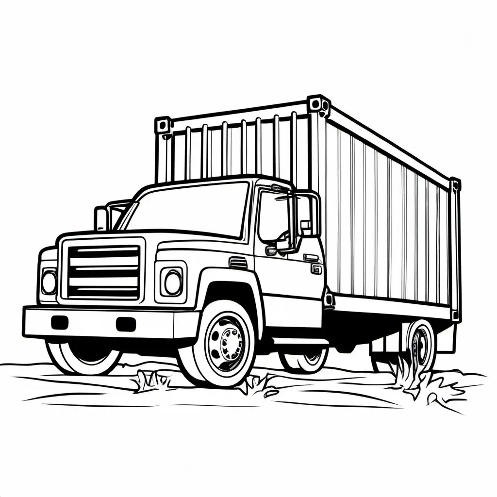 a pick up truck delivering a container, Coloring Page, black and white, line art, white background, Simplicity, Ample White Space. The background of the coloring page is plain white to make it easy for young children to color within the lines. The outlines of all the subjects are easy to distinguish, making it simple for kids to color without too much difficulty