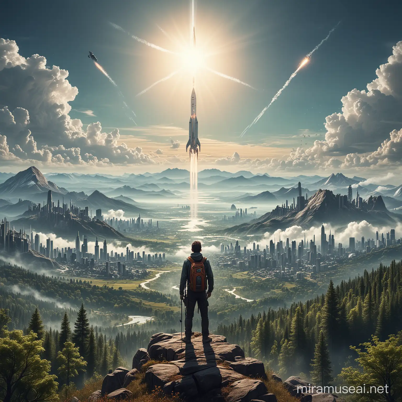 a man staring into a future world in the forest free from work with mountain in the background mixed with city skyline and rockets going to space and he is hiking and its a very sunny day and in the distance you can see a city

