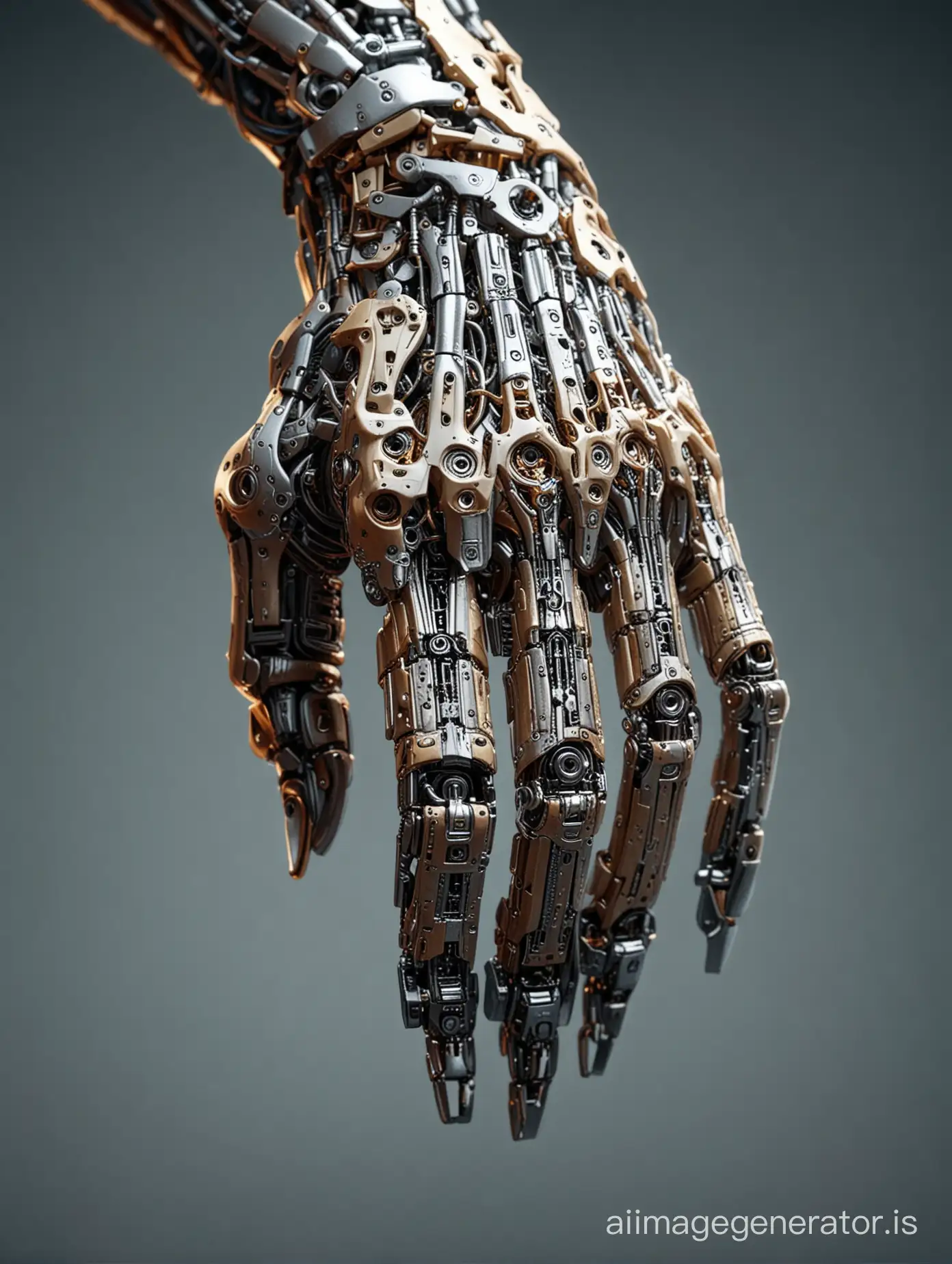 Close-up of a human hand transforming into a robotic hand, with intricate details showing the transition from skin to metal. The focus is on the fingertips where the transformation is most pronounced, against a stark, high-contrast background that emphasizes the complexity of the cybernetic enhancements. Soft, ambient light illuminates the scene, revealing the fine craftsmanship of the mechanical parts -stylize 200