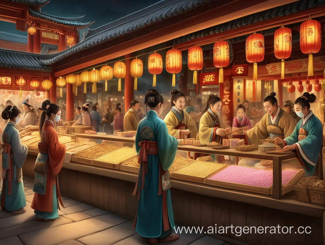 Глубокая ночь, древний китай, сияющая в золотом свете большая рыночная площадь, торговые лавки с яркими сладостями на деревянных палочках, торговцы за прилавками, в ханьфу, прожожие улыбаются, несколько человек в китайской маске