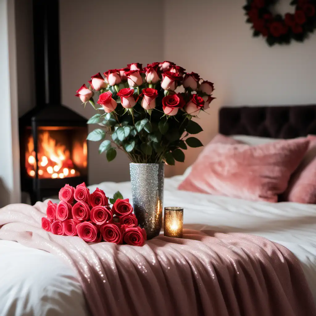 Cozy bedroom with a fireplace roaring in the background, Red and pink roses are in the front with a glitter Vase. 