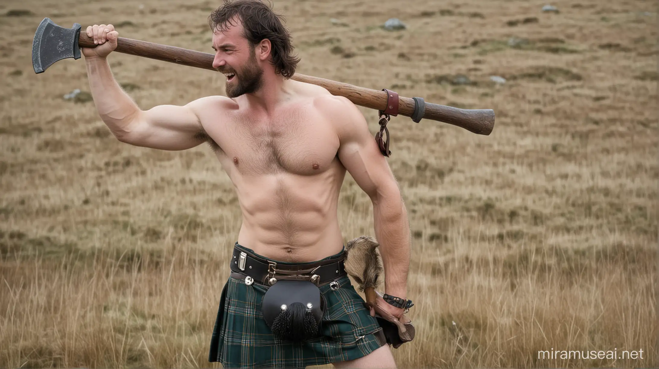 Strong Scottish Man Wearing Kilt with Axe on Shoulder