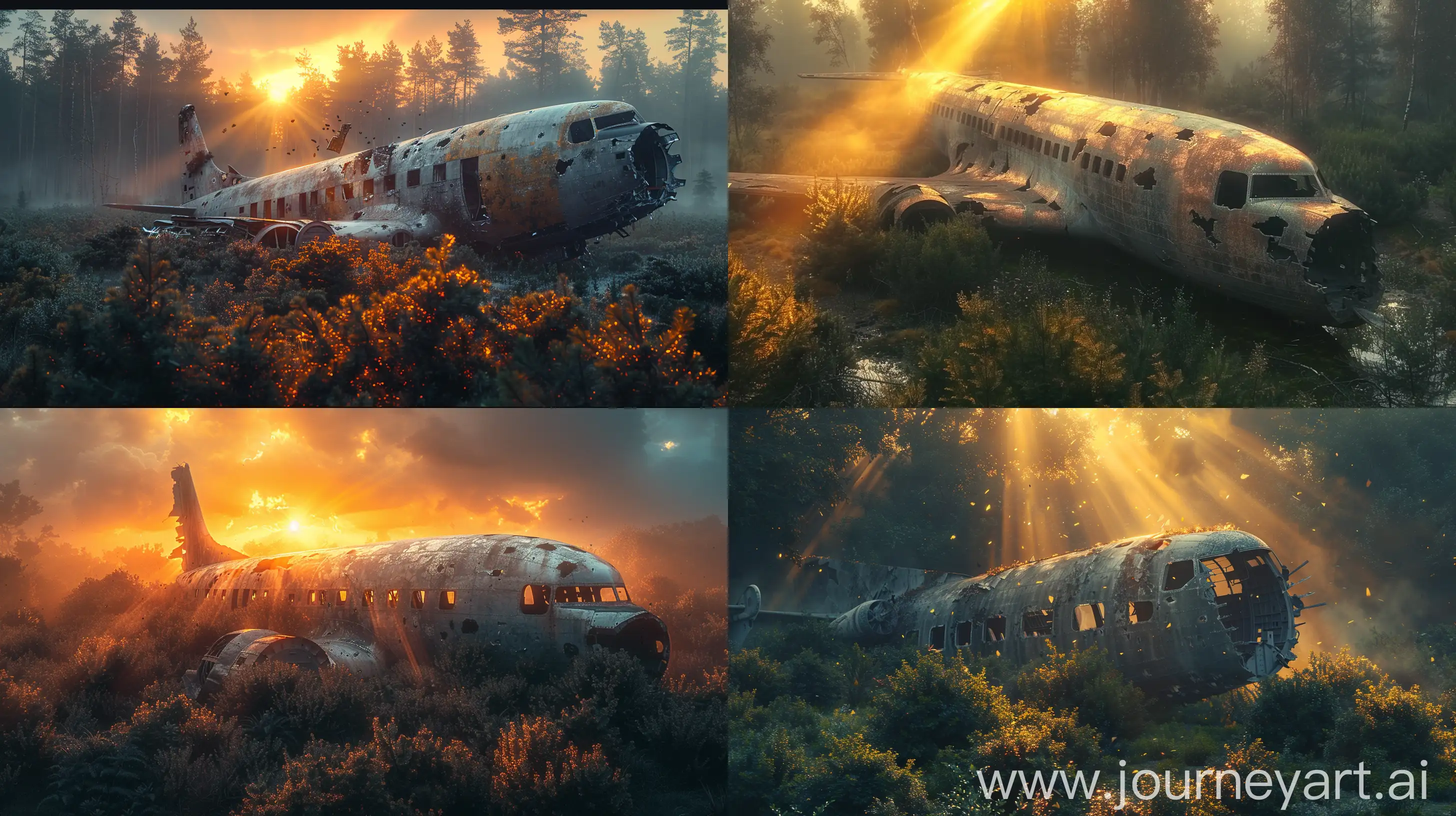 A high cinematic shot of a shattered future plane located in the middle of bushes in a forest falling on the rays of the sunrise sun, the colors are dynamic, refreshing, cheerful, soft colors feel nostalgic, high angle, fine details, very high details --ar 16:9 --s 500 --style raw --v 6 