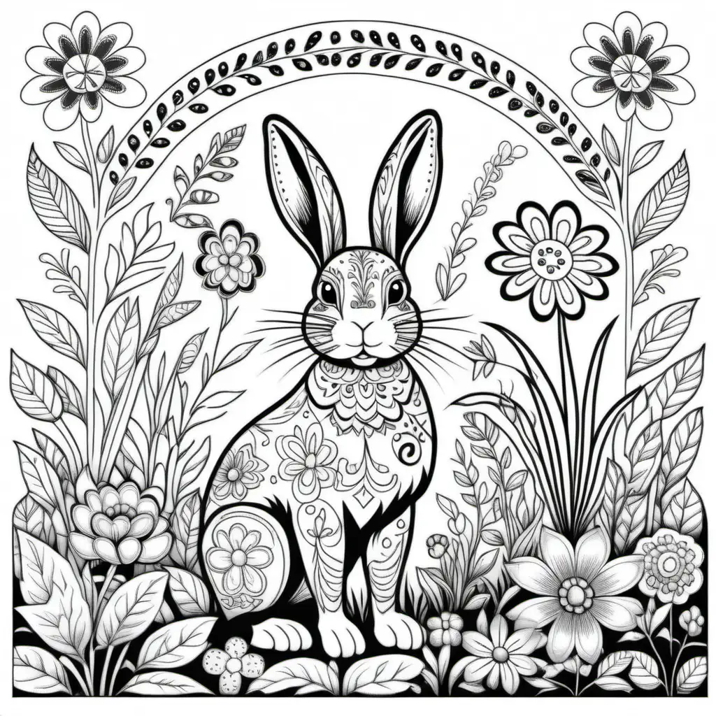 folk art of a rabbit in a garden, black and white coloring page, light background, 2-D, outline drawing, embroidery sampler style