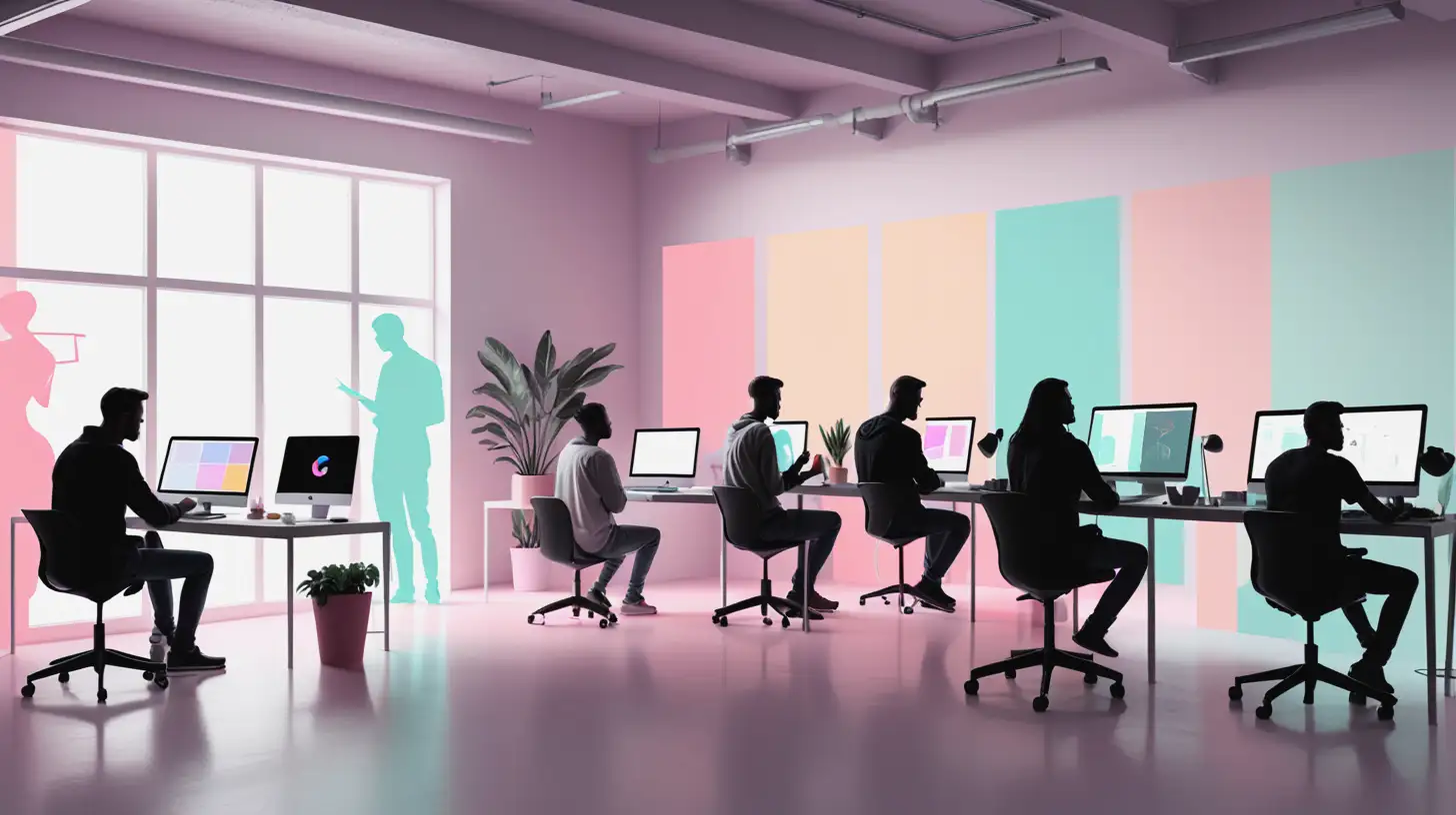 Create a minimalistic Open Studio with silhouettes of tech designers working on projects, collaborating, and designing. The color palette should be minimalistic with more pastel variety than vibrant colors. 