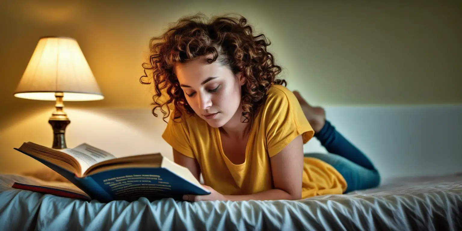 
Die 28-jährige Frau liegt entspannt auf dem weichen Bett, ihre barfüßigen Füße ruhen auf der kühlen Bettdecke, während sie in ein Buch vertieft ist. Sie trägt ein gelbes T-Shirt, das in der sanften Zimmerbeleuchtung strahlt und ihre lebhafte Persönlichkeit widerspiegelt. Ihre blaue enge Jeans sitzt perfekt und betont ihre Figur, während sie bequem auf dem Bett liegt.

Das Zimmer ist ruhig und gemütlich, mit sanftem Licht, das durch die Vorhänge hereinsickert und eine warme Atmosphäre schafft. Vielleicht befindet sich ein kleiner Nachttisch neben dem Bett, auf dem eine Leselampe steht, die ein sanftes Licht auf die Seiten ihres Buches wirft.

Die Frau ist in ihr Buch vertieft, mit einem nachdenklichen Ausdruck auf ihrem Gesicht, während sie die Seiten umblättert und in die Welt der Geschichten eintaucht. Vielleicht hört sie leise Musik im Hintergrund oder das leise Summen der Vögel draußen, was die ruhige Atmosphäre des Raumes noch verstärkt.

Ihr lockiges Haar fällt in sanften Wellen über ihre Schultern, während sie sich in die Geschichte vertieft. Die Gelassenheit und Zufriedenheit, die von ihr ausgeht, spiegeln sich in ihrem entspannten Gesichtsausdruck wider, und sie genießt den ruhigen Moment der Entspannung und des Lesens in ihrem eigenen kleinen Rückzugsort.