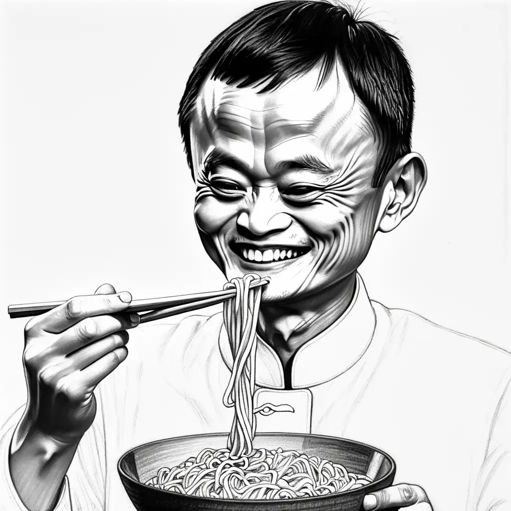 Jack Ma Enjoying Noodles Minimalist Pencil Drawing on White Background ...