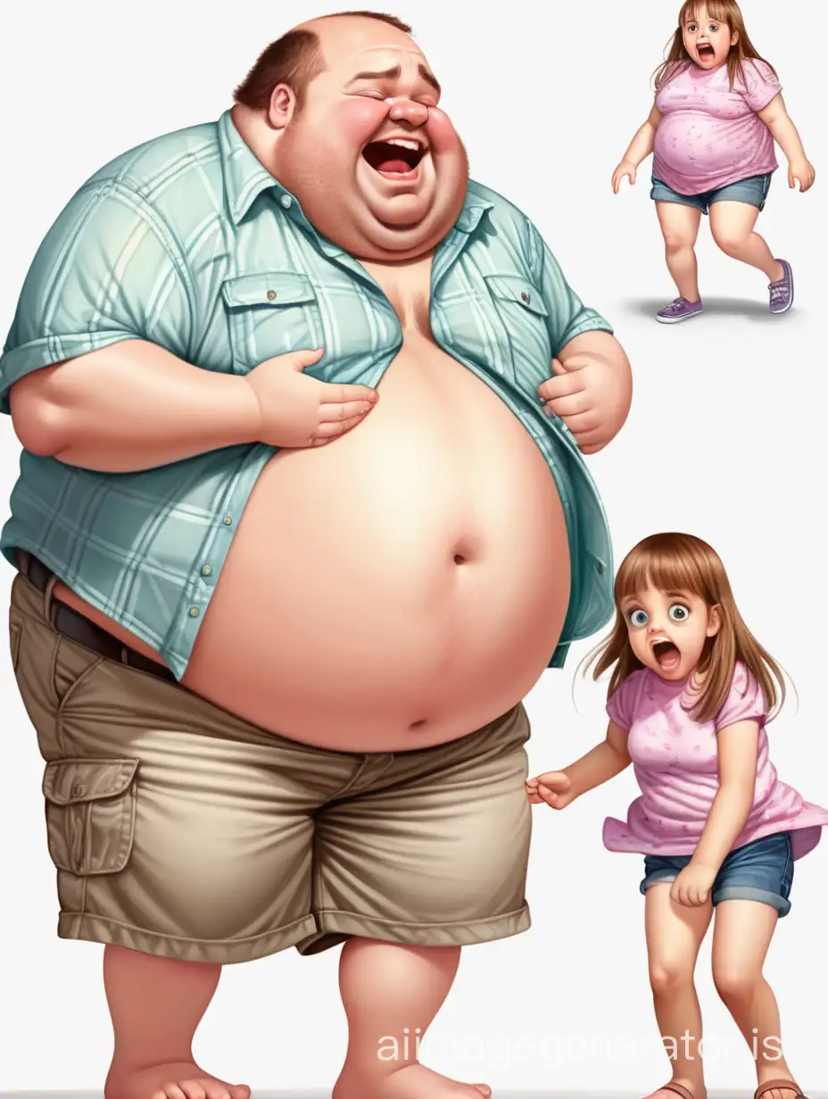 depressed little girl in dress evolving into very happy fat man in shorts and shirt