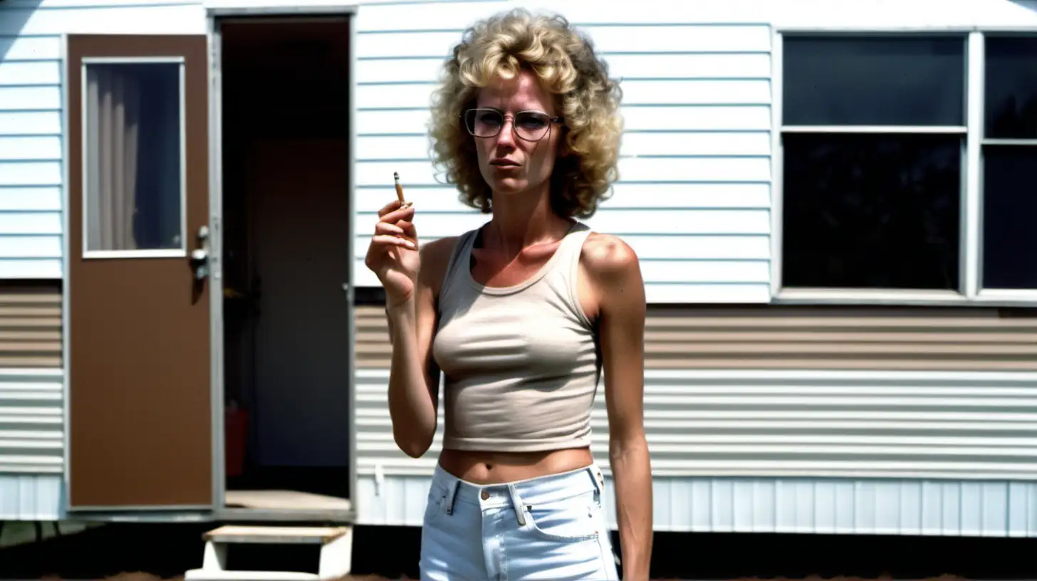 Very tall , very skinny white woman, with  a short blond afro with big curls, wearing glasses, wearing a sleeveless tee shirt and bell bottoms, smoking a cigarette in front of a 1970's mobile home