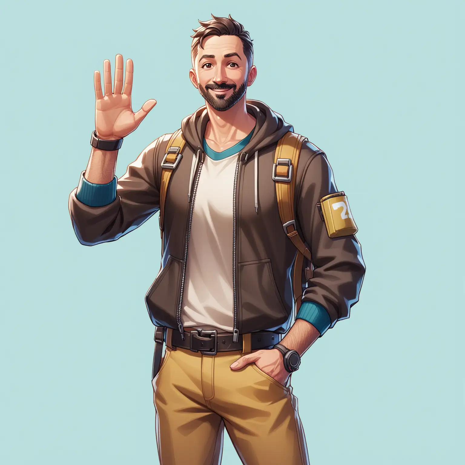 40 year old male fully casually clothed skinny Fortnite character waving, no background

