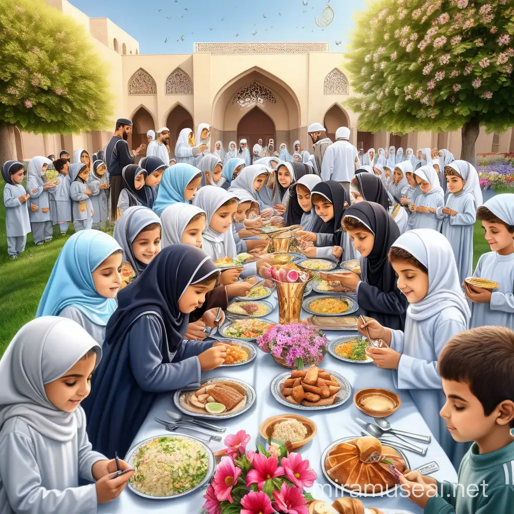 Iranian Schoolchildren Enjoying Iftar Feast Amidst Blossoms and Flowers