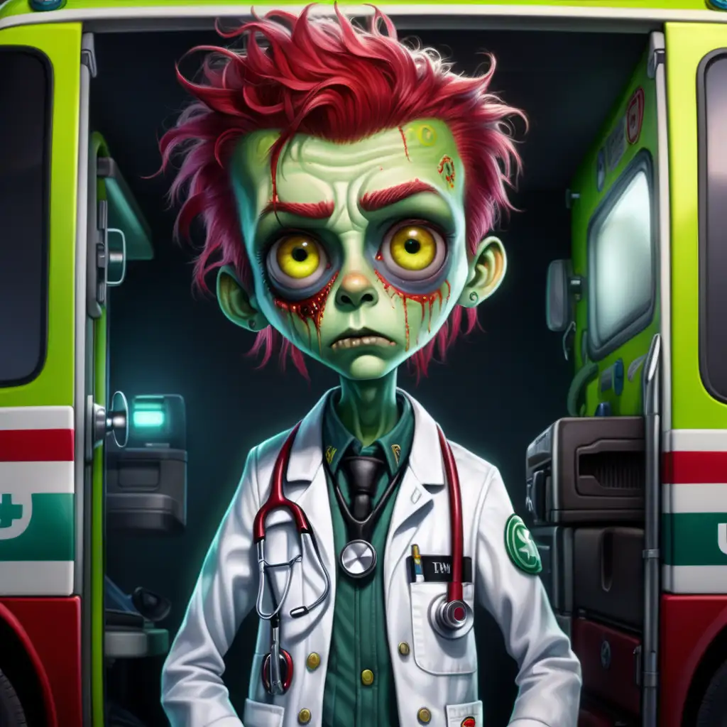 Splash art, full body portrait of adorable cute green skin paramedic zombie, shy and timid looking, punk, red hair, yellow eyes, large dilated pupils, gentle friendly face, stethoscope, dark fantasy, portrait, voodoo ambience, UHD, Tim Burton, rim lighting, ambulance