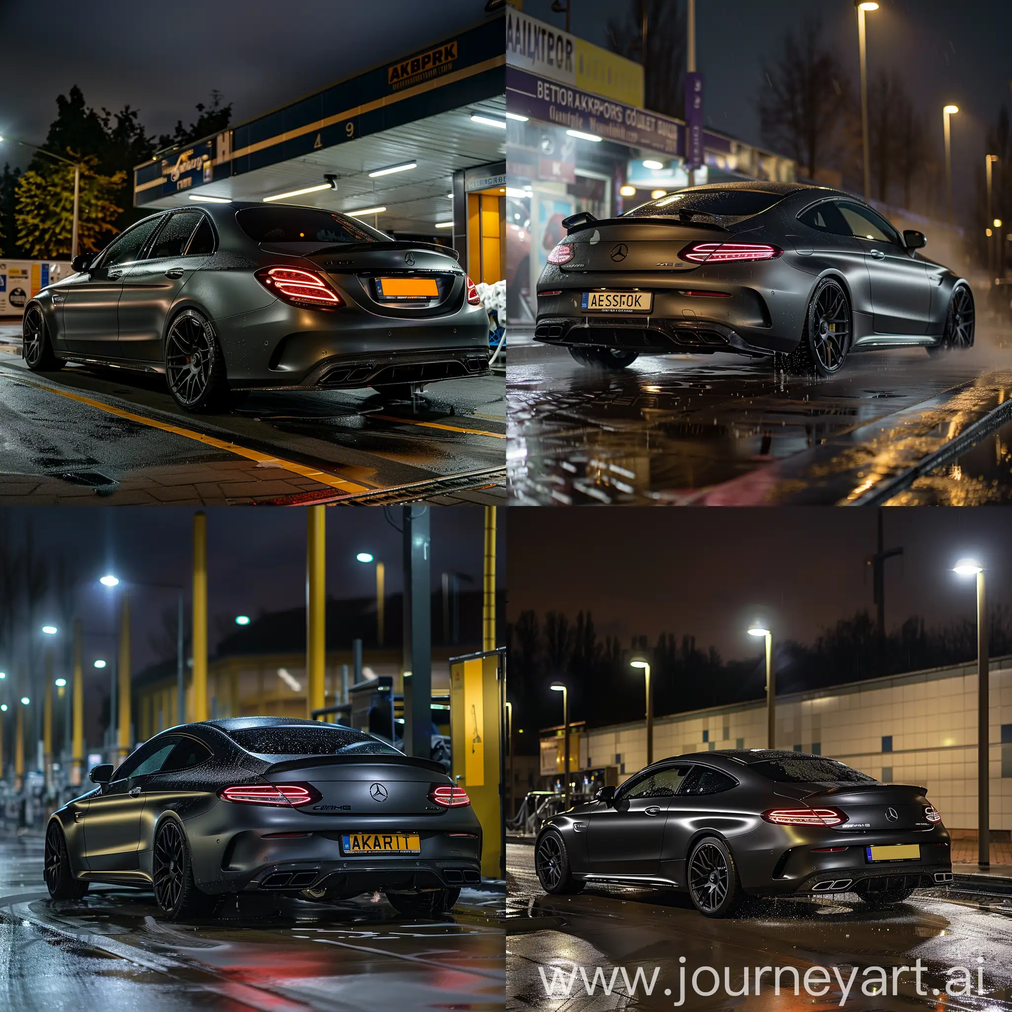 Wallpaper van Mercedes c63s 2017 in mat grijs zwart kleur met zwarte velgen van achterkant gespot met akrapovic uitlaten grote in nacht naast car wash in Nederland night vibes AESTHETIC auto aan wassen