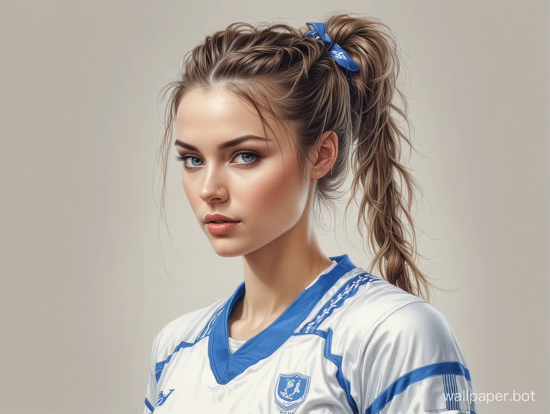 Sketch Anna Komarova hairstyle WEAVING, 25 years old cup size 4, narrow waist, in bright blue soccer uniform on white background, very realistic colored pencil drawing Stml Luis Royo