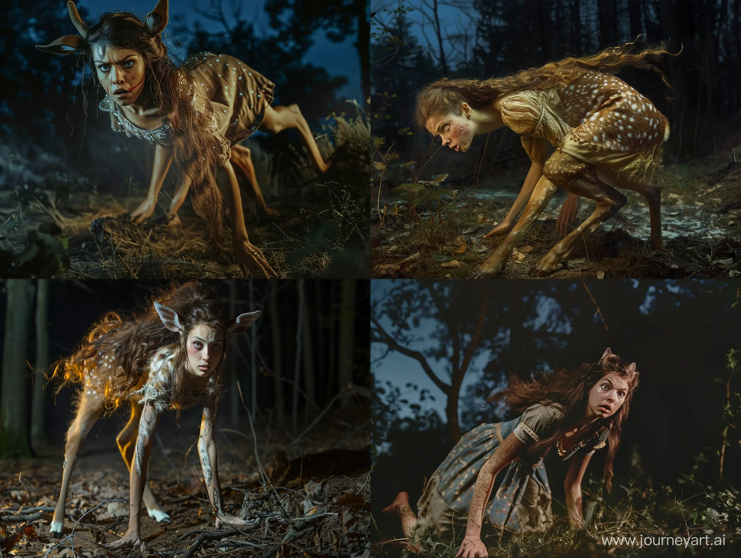 A photograph of a medieval princess with loose brown hair, who has been transformed into a deer. The photo is taken while the transformation is almost completed. She is standing on all fours in a forest at night. She has a desperate expression. Full body picture.