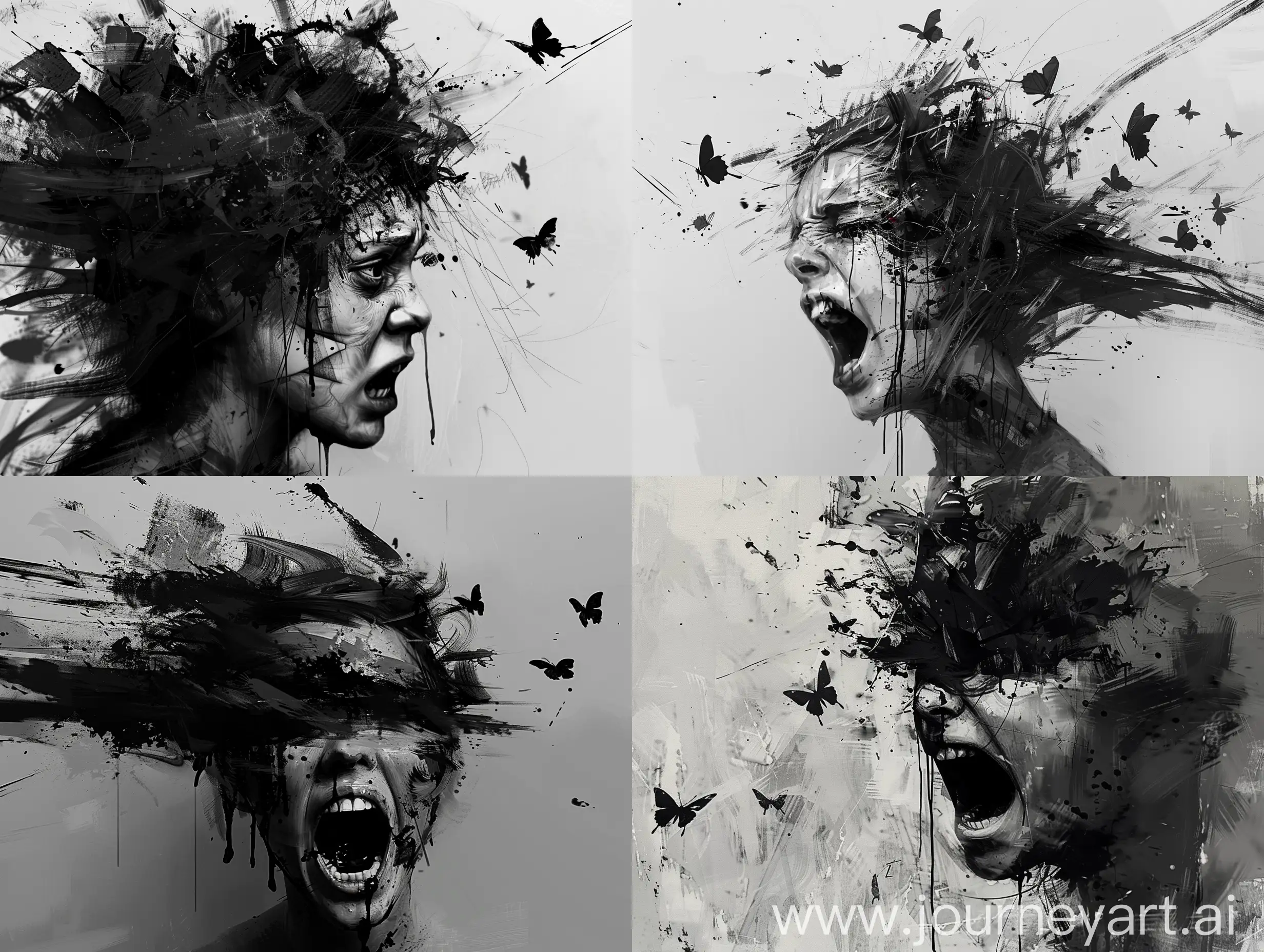 black and white brushstrokes artwork, sad, hyper realistic, paint, a girl with thoughts in her head, screaming, deep, evocative, dark fantasy romance style. Volumetric and dynamic lighting. Hyperdetailed  maximalist masterpiece, blurred, unclear,. undefined, black blood dripping, dead butterflies flying