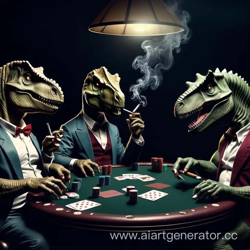 Dinosaurs sit at a poker table, playing cards and smoking cigars in dark tones