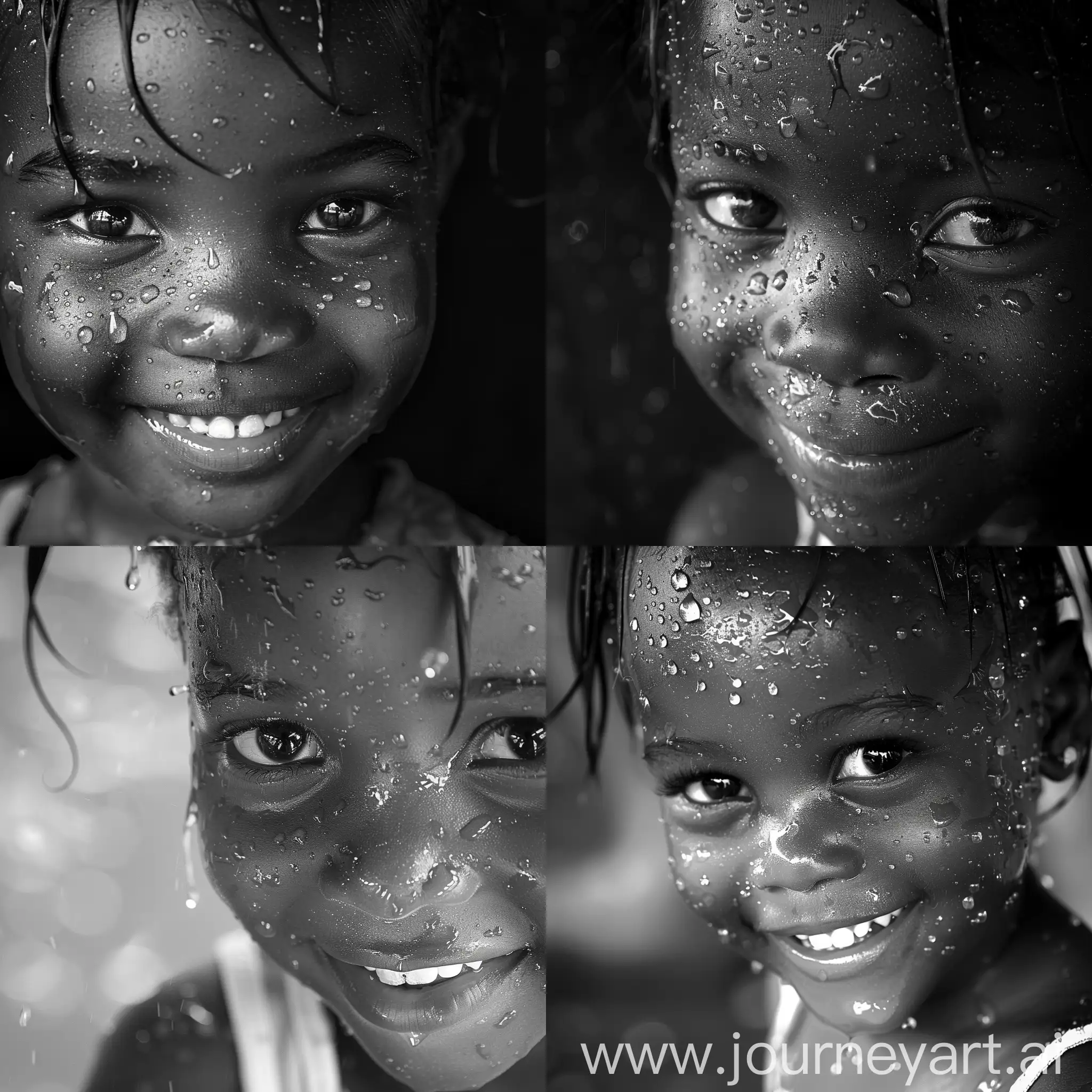 Portrait of African little girl. She has water droplets on her face. And she is smiling. She is looking at the camera.