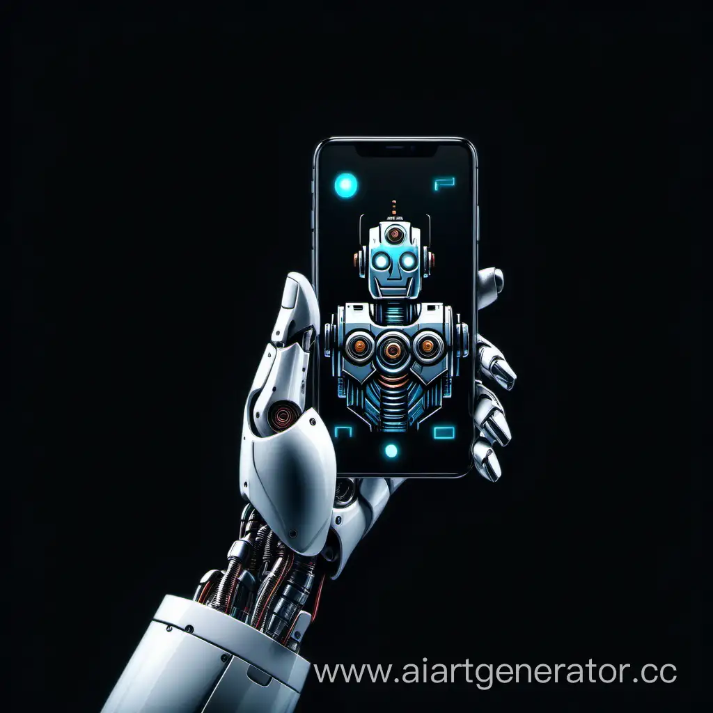 Телефон в руке робота, вид сверху на чёрном фоне, минимализм, реализм