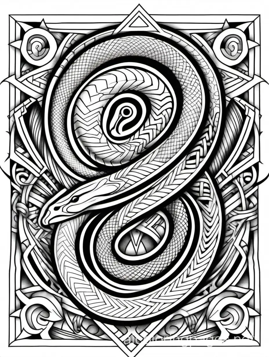 Polynesian/Sacred Geometry mixed tattoo snake, Coloring Page, black and white, line art, white background, Simplicity, Ample White Space. The background of the coloring page is plain white to make it easy for young children to color within the lines. The outlines of all the subjects are easy to distinguish, making it simple for kids to color without too much difficulty