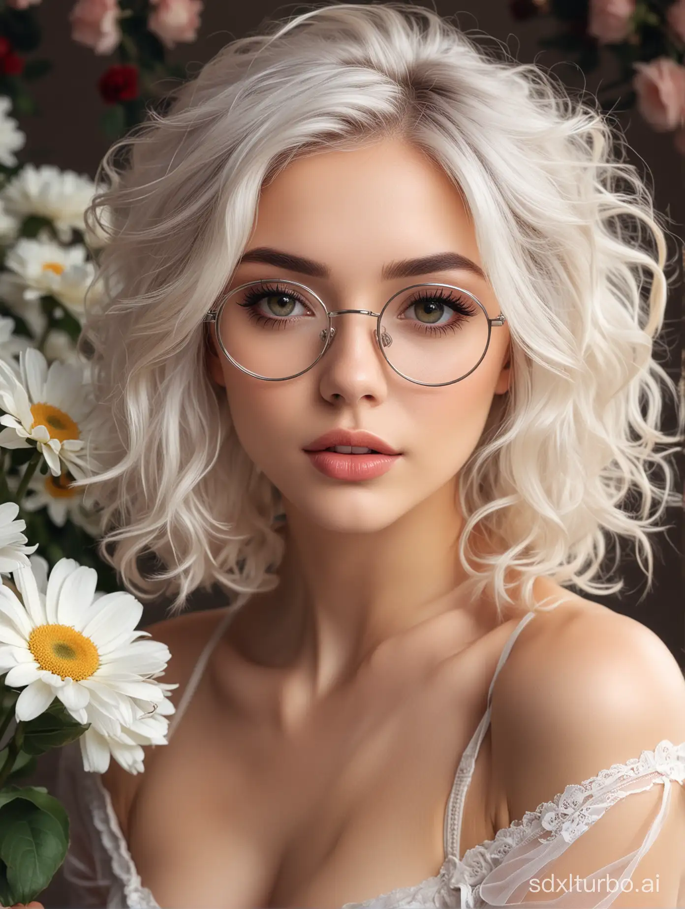 Nude Seductive white Haired girl, Delicate Makeup, Alluring Pose, circular eyeglasses, wavy hair, 4k, nylons, short hair, flowers
