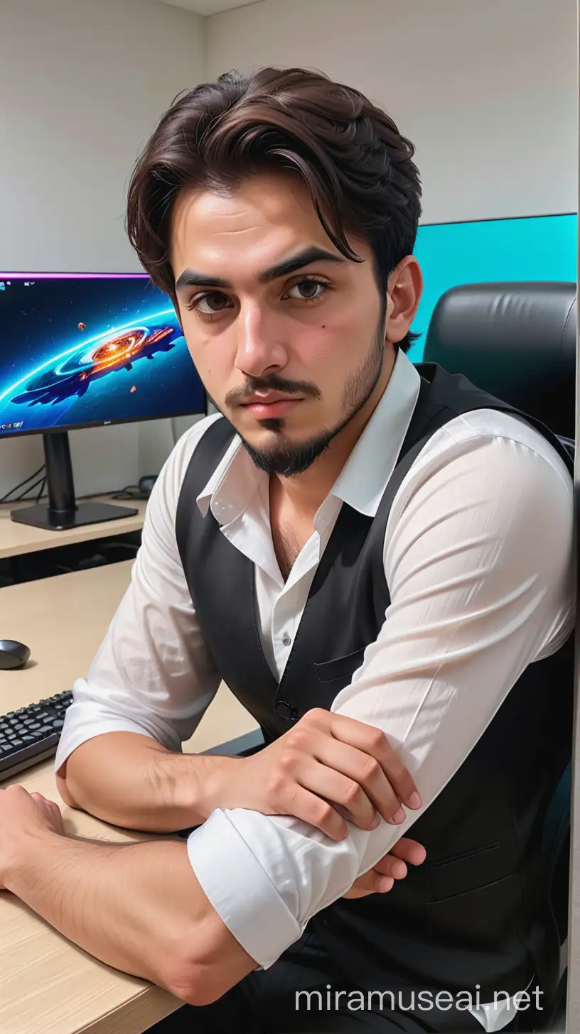 An Iranian man with a long and angular face and a fat man with a short beard, 20 years old, with a fit body, wearing a white shirt with sleeves rolled up to the elbows, and a black vest with veined hands, is sitting alone behind the management desk, looking at Put the camera and rear view of the 40-inch LED monitor and TV while playing a movie and the room will have a gaming and dark atmosphere.