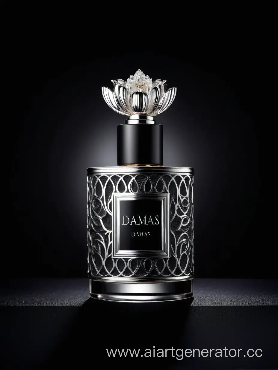 Exquisite-3D-Silver-and-Dark-Matt-Black-Perfume-with-Damas-Text-Logo-on-Elegant-Black-Background