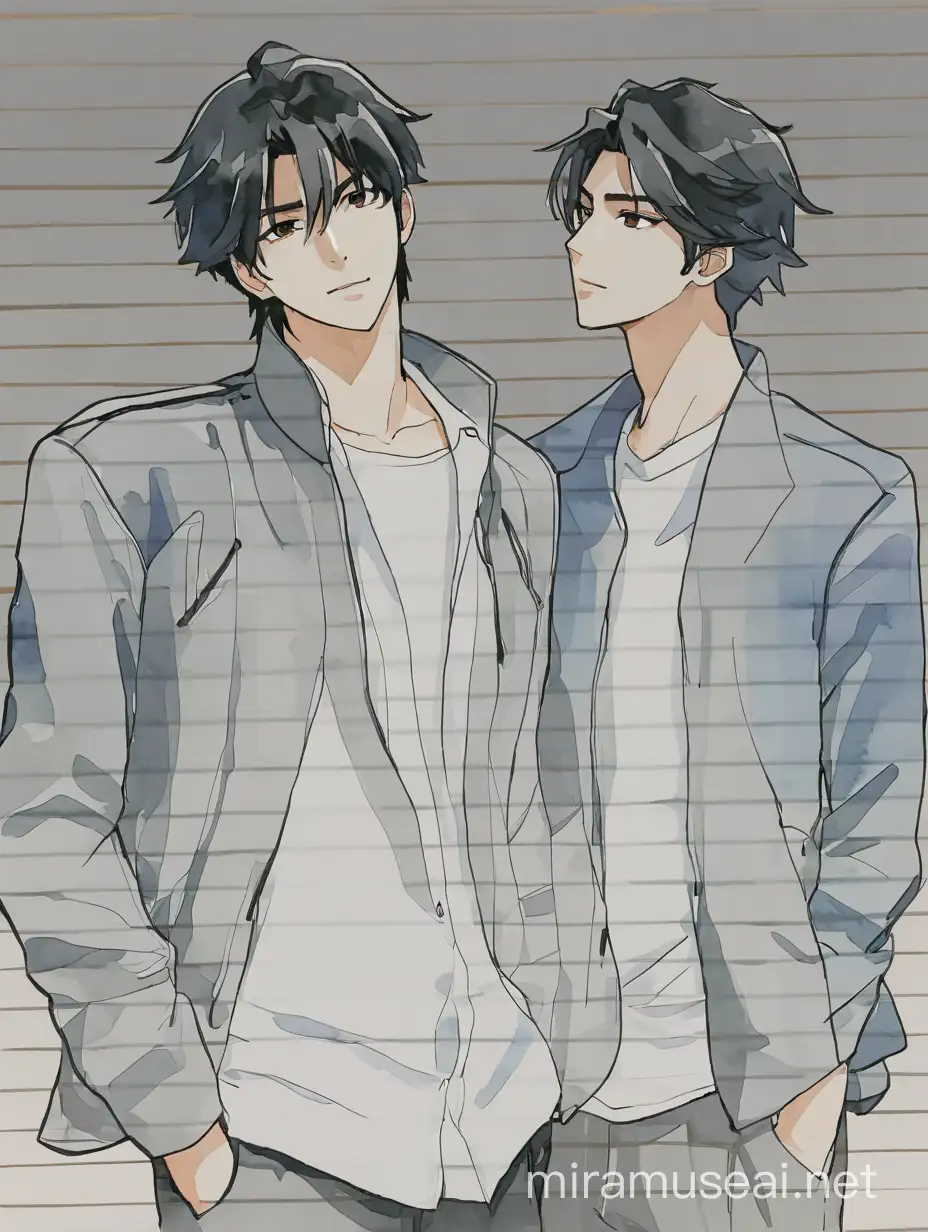 2 men, long black hair, black jacket, white shirt, Watercolor style, watercolor pencil, paper texture, 1boy, ((webtoon manhwa style)) (anime style)