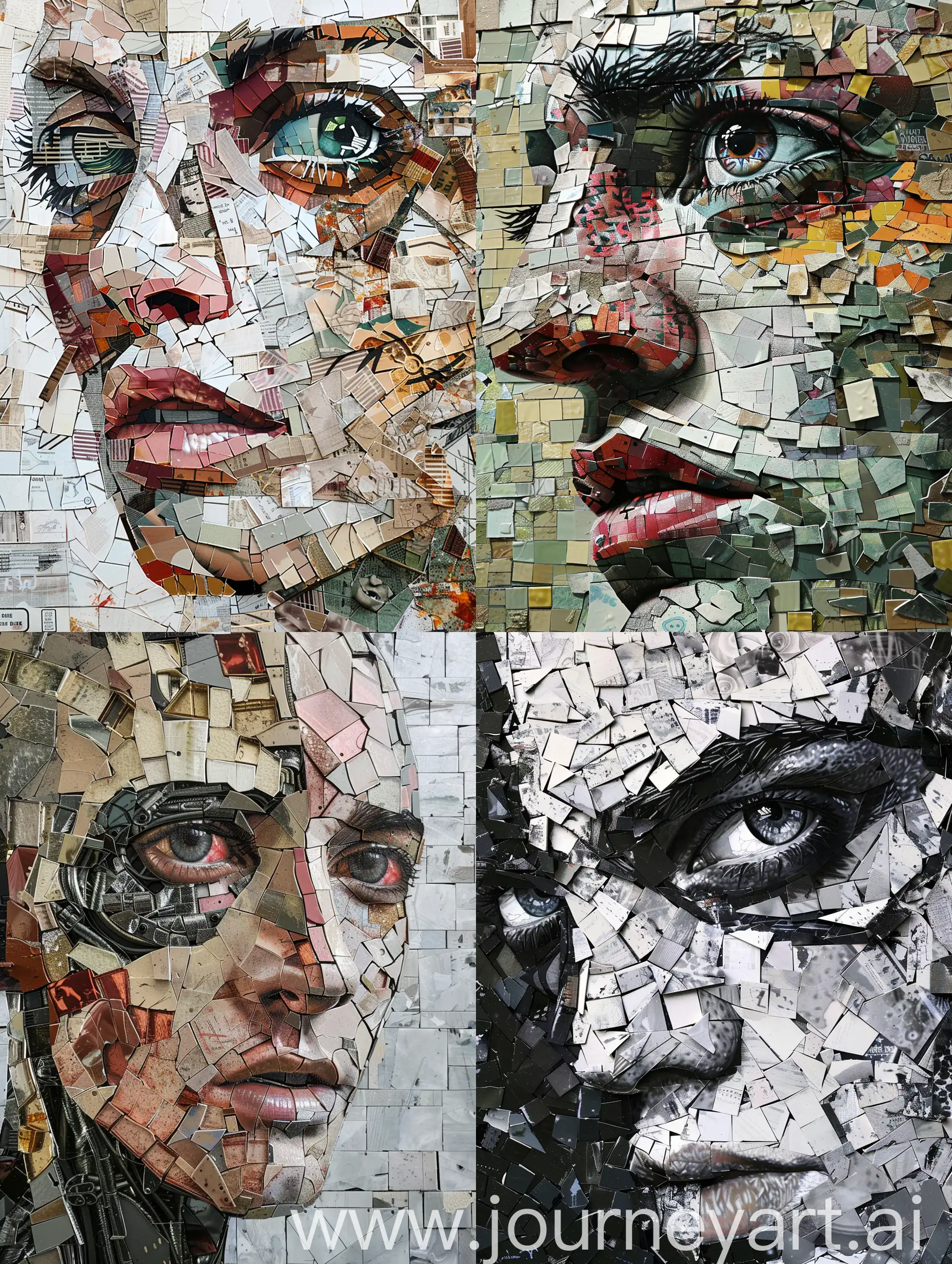 portrait in the style of modern neo-avant-garde, deconstructed face, in the style of capture urban, detailed texture, technological art, street art style, mixed media marvel cyclops, neo-mosaic, photorealistic compositions